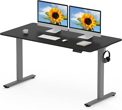 FLEXISPOT 140 x 80cm Electric Standing Desk ONE PIECE Height Adjustable Desk Sit Stand Desk with 4 Memory Smart Panel and Backpack Hook for Home Office, Gris Frame+Black Desktop