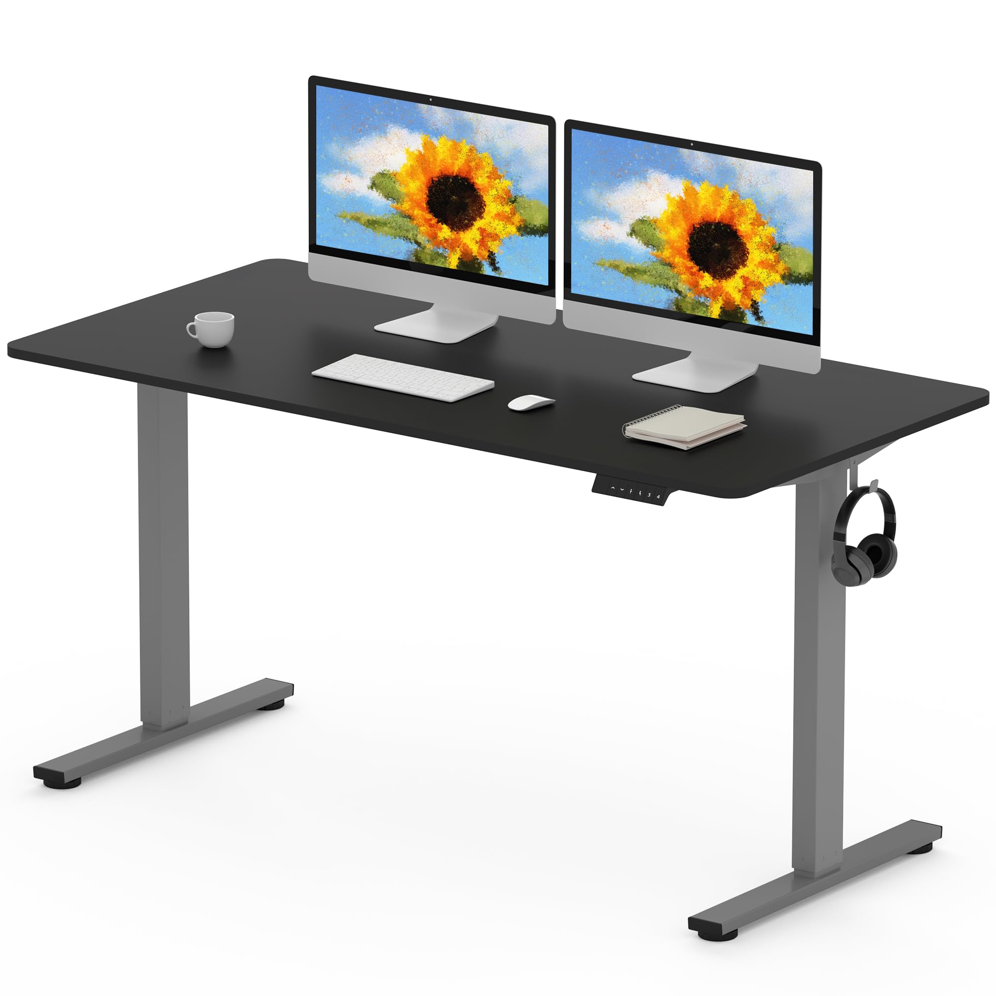 FLEXISPOT 140 x 80cm Electric Standing Desk ONE PIECE Height Adjustable Desk Sit Stand Desk with 4 Memory Smart Panel and Backpack Hook for Home Office, (Gris Frame+Black Desktop)