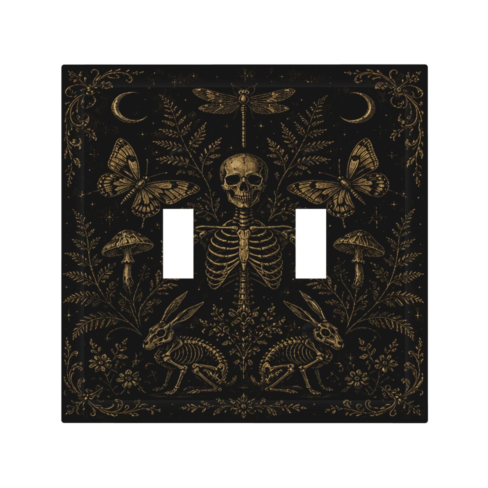 Xuejiaku Decorative Light Switch Cover Plate Vintage Gold Botanical Skeleton Gothic Double Toggle Wall Plate Dual Device Outlet Covers Dark Academia Gothic Switchplate Dimmer Faceplate for Home Decor