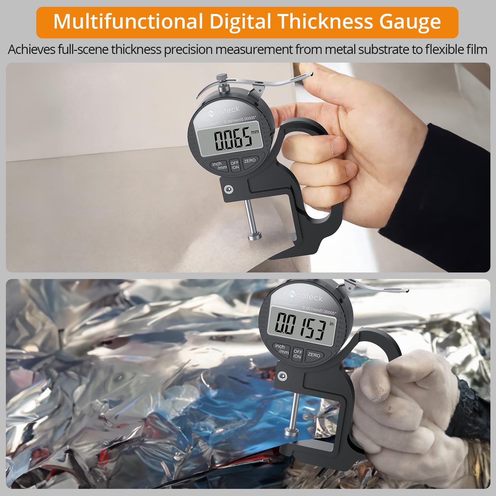 Neoteck Medidor de Espesor Digital 0-25.4mm Medidor de Grosor Portátil 0.001/0.00005'' Calibrador de Grosor con Conversión de Pulgadas/Métrica y Apagado Automático para Cuero Papel Telas Cable-Negro