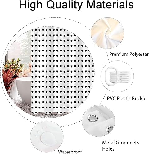 Miniatura 5 de Emwnodti Cortina de ducha con diseño de corazones negros, feliz día de San Valentín, juego de cortina de ducha contratada en blanco y negro para