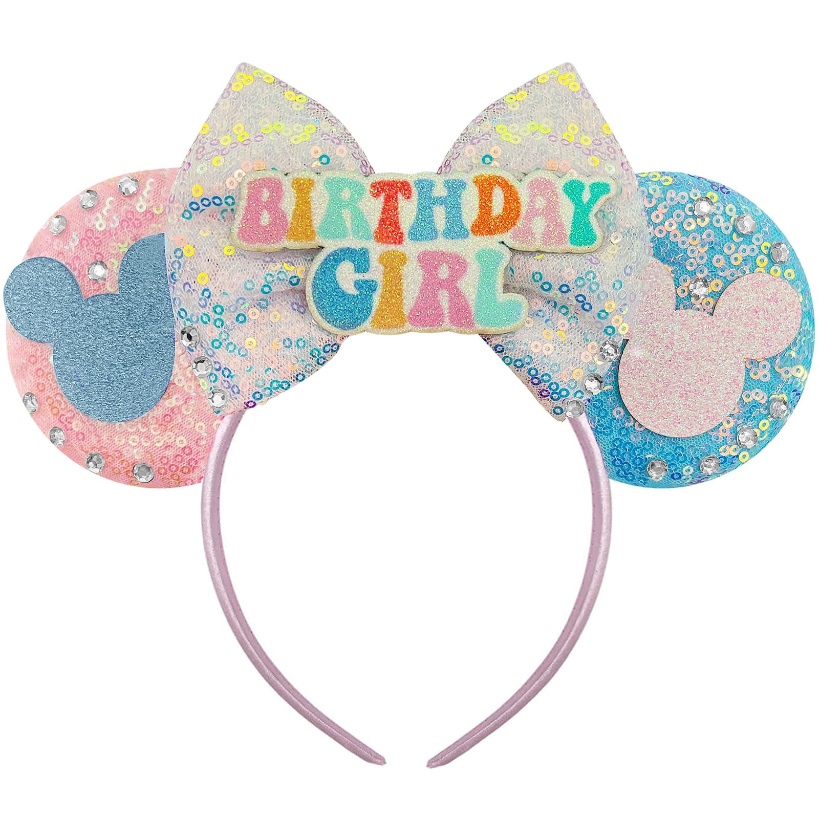Trnerm Birthday Mouse Ears Headband for Women, Blue and Pink Sequin Bows, Halloween & Christmas Party Decorations, Costume Headwear