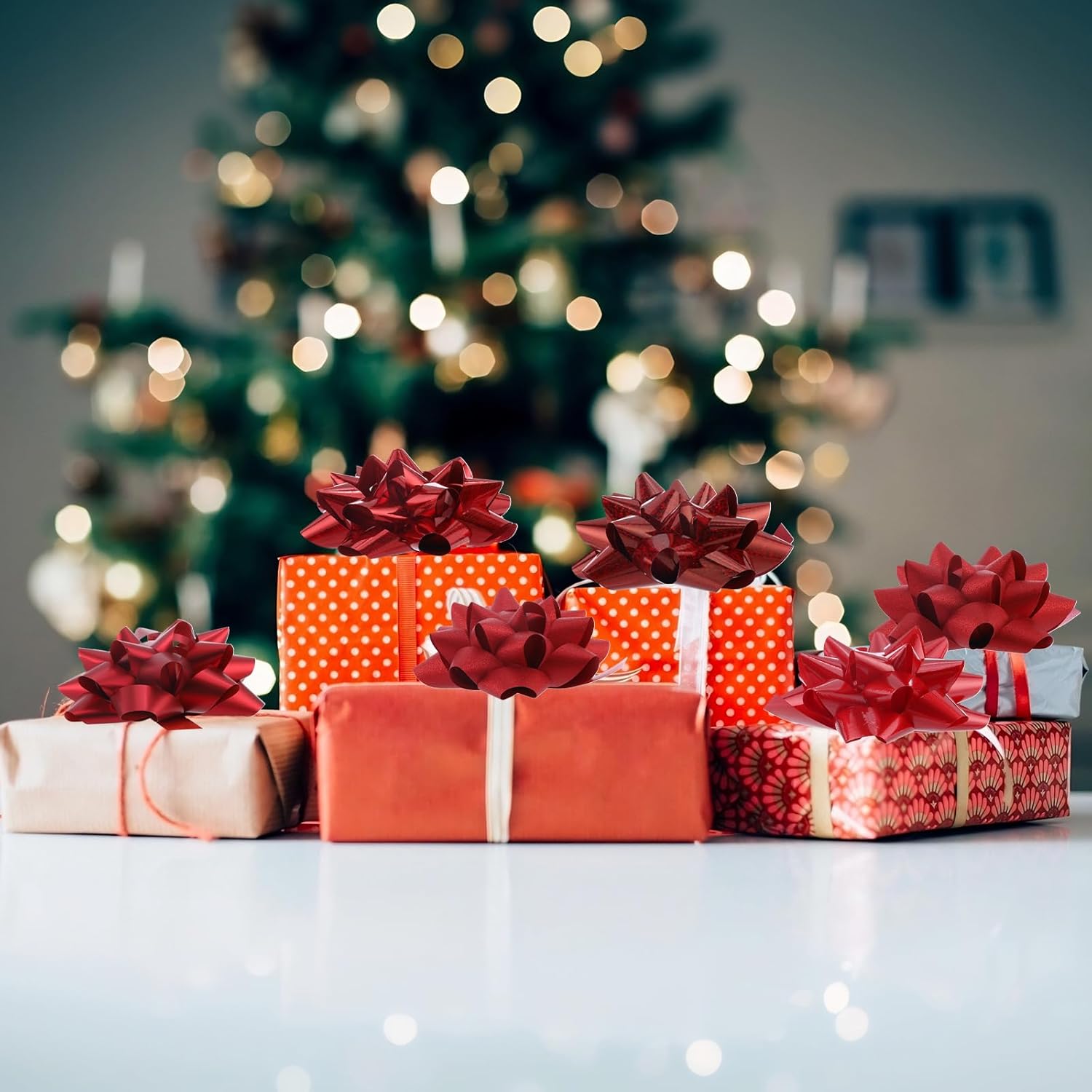 DYSHIPEN 16 Pcs Gift Bows,Bows for Gift Wrapping and Presents,2 Crimped Curling Ribbons,2 Curly Bows,Christmas Bows,for Parties, Birthdays, Weddings. (Red, 4.5in+3.5in) - Image 6