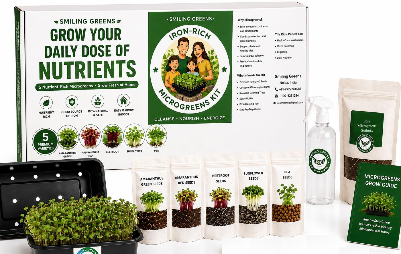 smiling greens plant based iron-rich microgreens growing kit | indoore setup| non gmo seeds | grow trays | soilmix