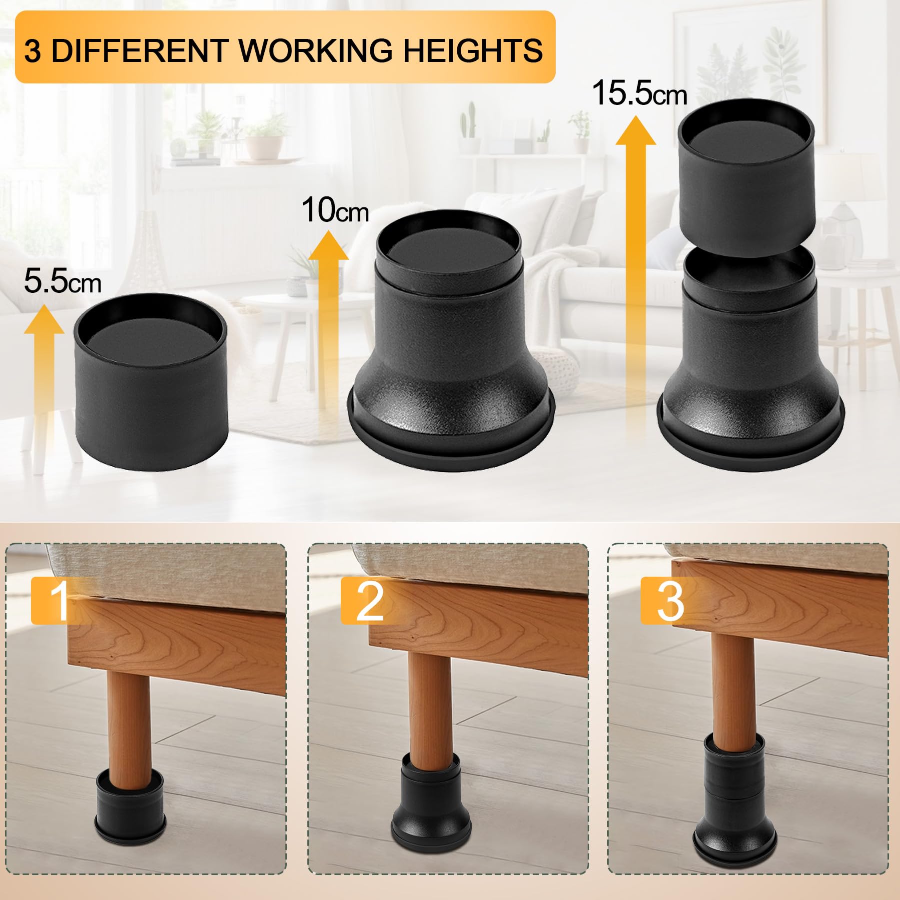 Uping Rialzi per Letto Rialzi per Mobili Alza Letto Piedini Rialzo Mobili, Aggiungere 5,5 cm o 10 cm o 15,5 cm in Altezza (4 Set, Nero)