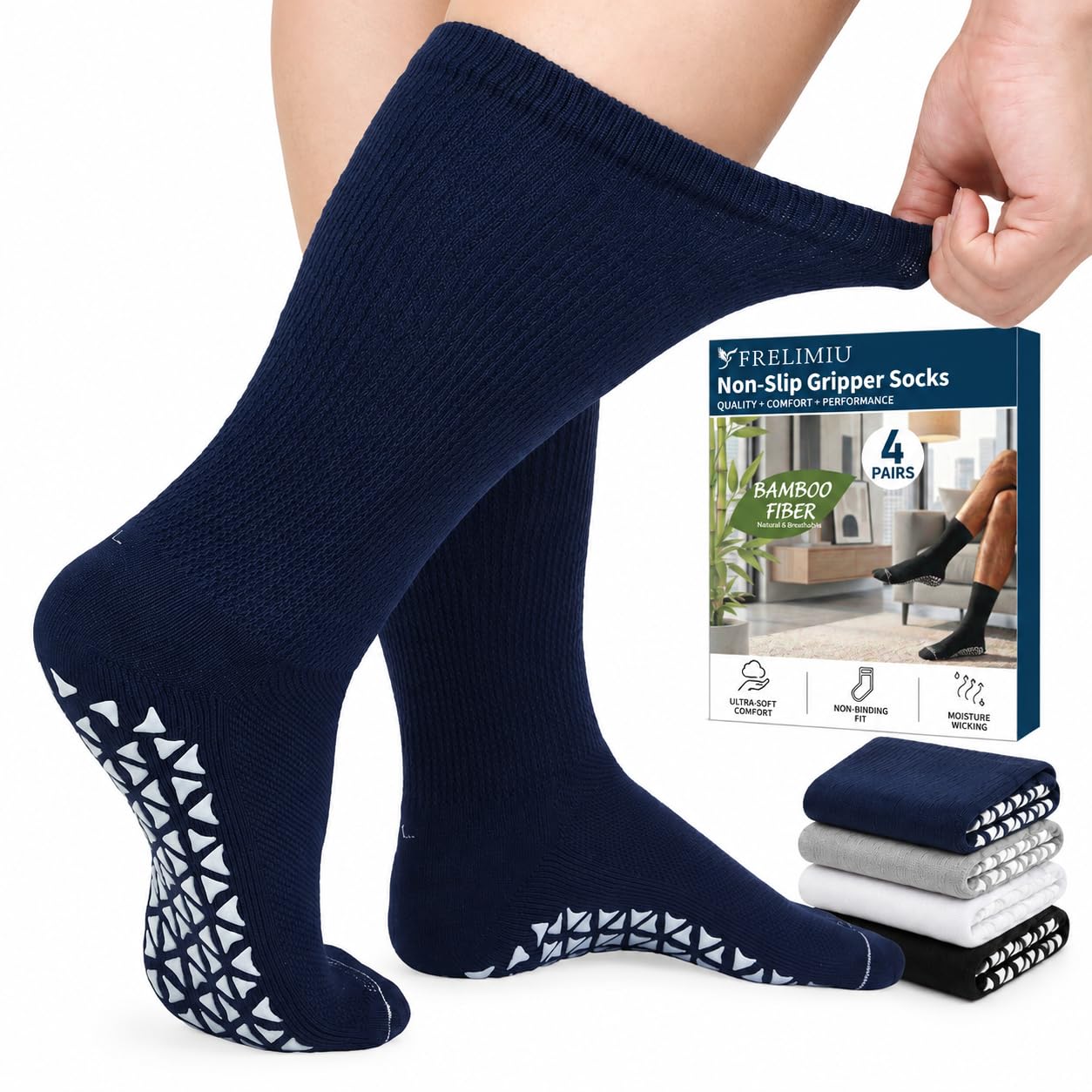 Frelimiu Diabetic Crew Socks for Men with Grippers – 4 Pairs, Non-Slip Grip Socks, Soft Viscose Blend Crew Socks, Non-Binding Loose Fit for Neuropathy, Edema & Sensitive Feet, Elderly, Size 11–15