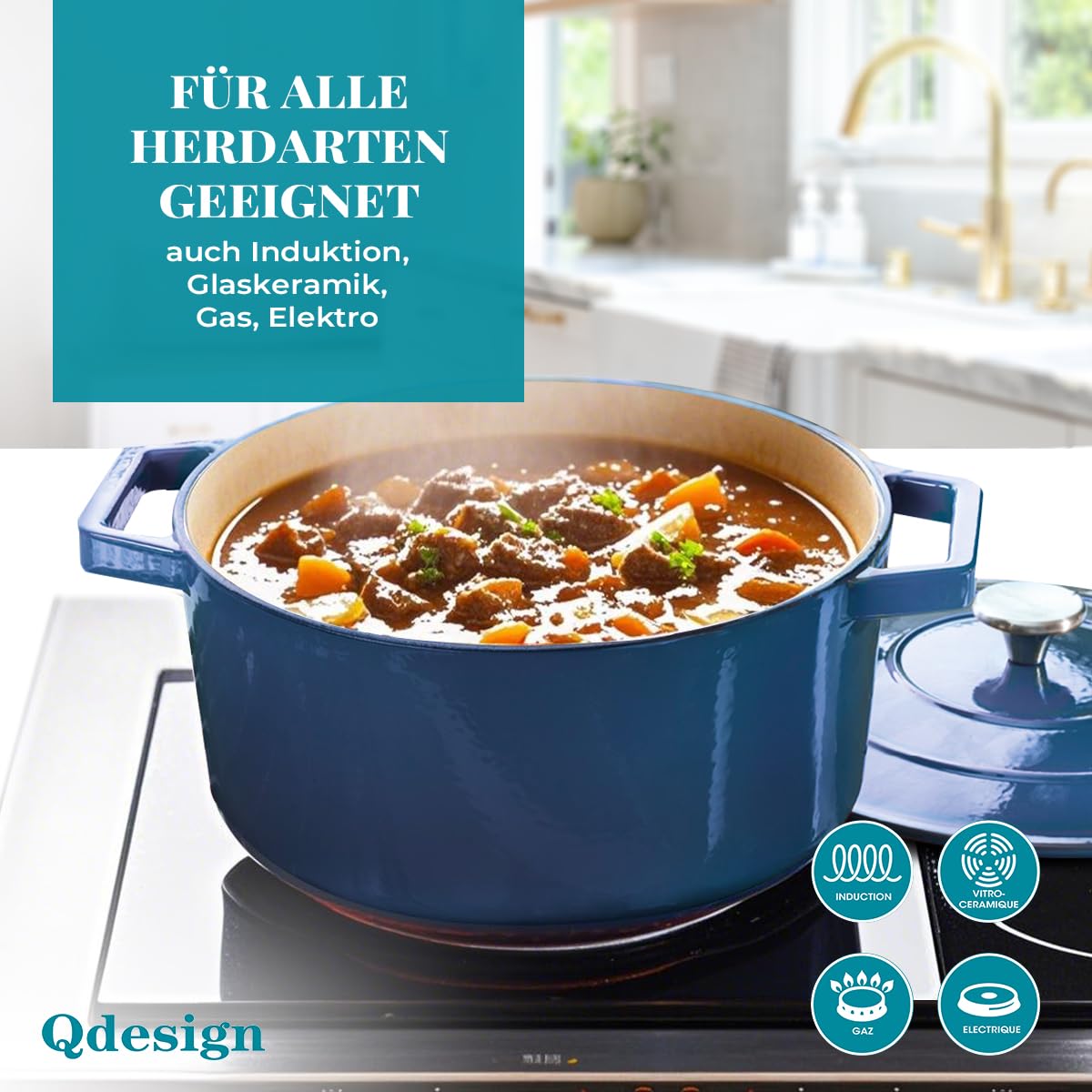 QDESIGN Runde Kokotte aus Gusseisen ohne PFOA - alle Herdarten inkl. Induktion - Backofen-, spülmaschinen- und kühlschrankgeeignet - Blau, Ø 25cm (4,2L)