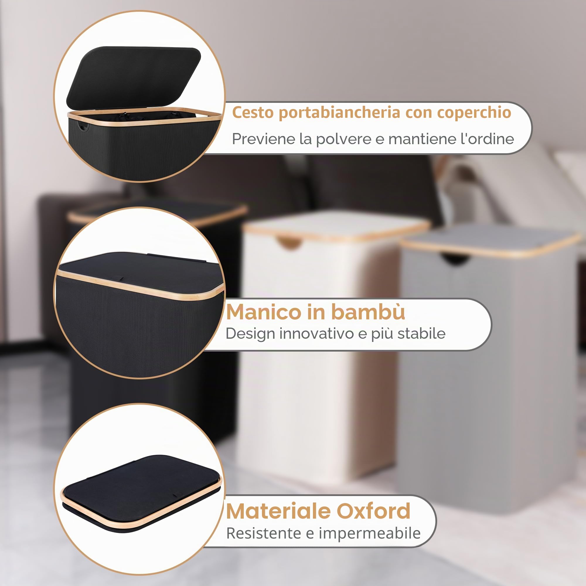 iEGrow Grande cesto portabiancheria con coperchio, 150 l, doppio cesto portabiancheria con sacchetti interni rimovibili e lavabili, 2 scomparti, pieghevole, per vestiti, giocattoli, asciugamani (nero)