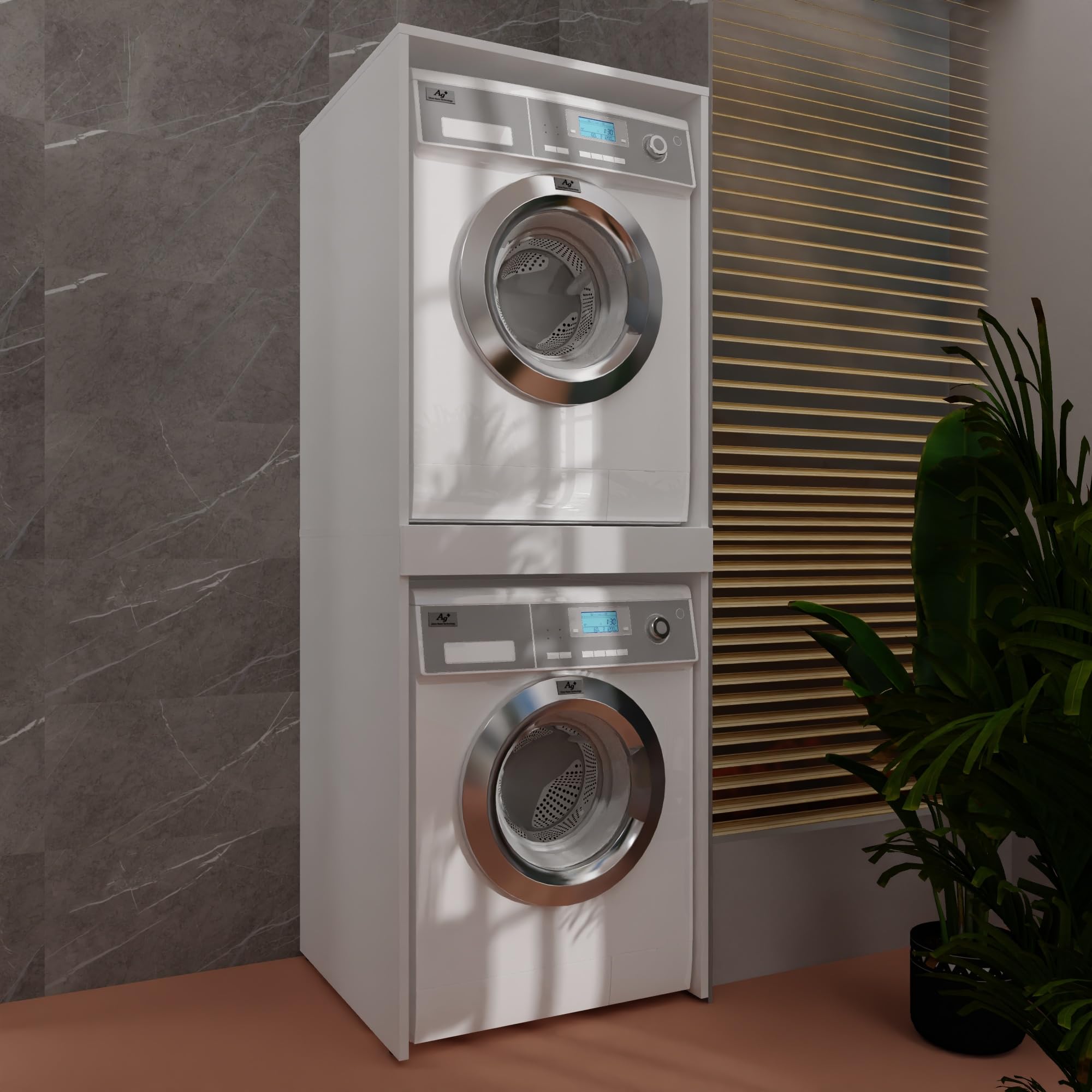 Meuble Machine à Laver et Sèche-Linge Superposé Luna Colonne Empilable Buanderie Meuble Superposition Lave-Linge Sèche-Linge Étagère Coulissante 183,7×65×66 cm Blanc Mat