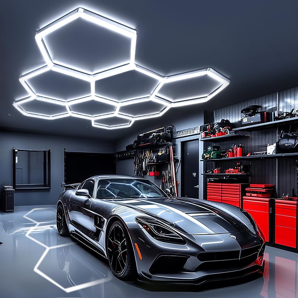 DIKHEE Garagenlampe LED 5-Hex 192W 6500K Verformbare LED Werkstatt Deckenleuchte DlY Sechseck Garage Licht für Garage, Werkstatt, Lager, keller, Fitnessstudio