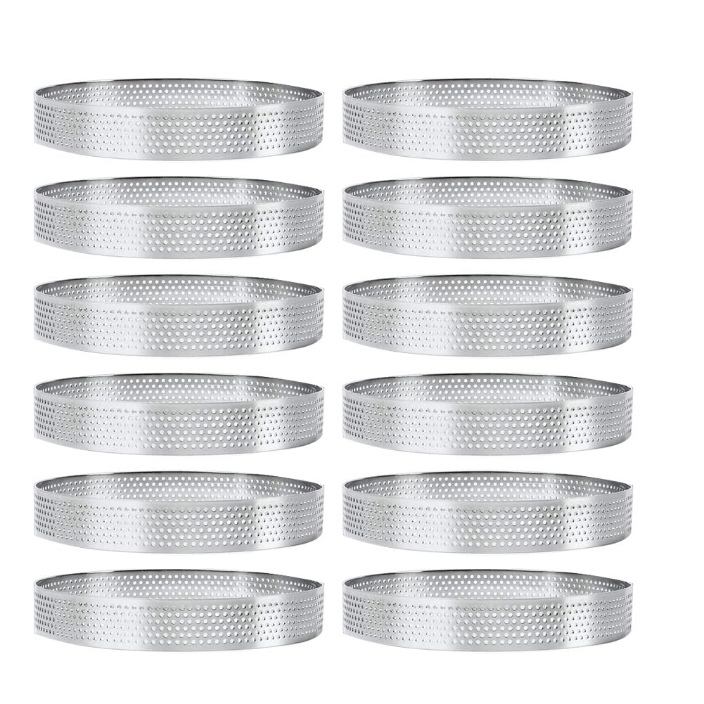CTRLZS 12Pack 10cm Circular Tart Rings with Holes Stainless Steel Fruit Pie Quiches Cake Mousse Mold Kitchen Baking Mould Ring