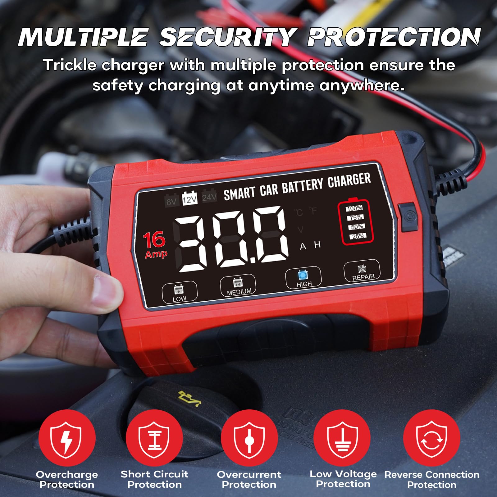 HTRC Chargeur Batterie Voiture 16A 6V/12V/24V pour AGM, Gel, EFB, LiFePO4 | Chargeur de batterie voiture : 3 niveaux de courant, compensation thermique, maintien et réparation par impulsions pour moto