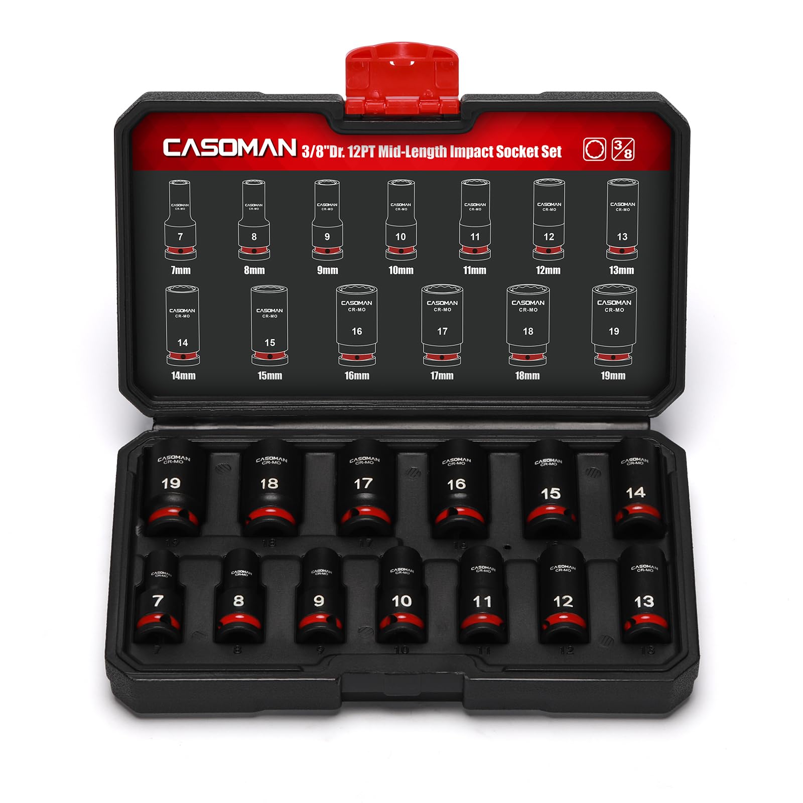 CASOMAN 3/8-Inch Drive 12 Point Metric Semi-Deep Impact Socket Set, 13-Piece Mid-Length Socket Set, 7 to 19mm, CR-MO