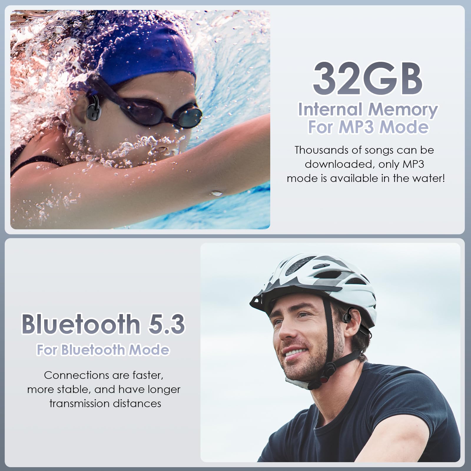 Casque Conduction Osseuse Casque Natation Bluetooth 5.3 Étanche IP68 32G Stockage 150mAh Flexible Casque Bluetooth sans Fil pour Natation Course à Pied Sport Travail