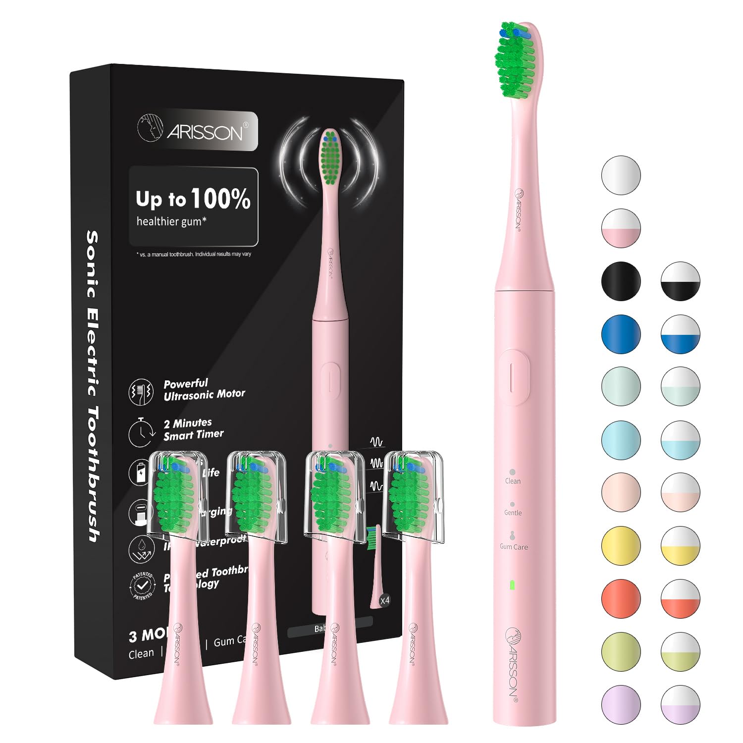 ARISSON Ultrasonic Electric Toothbrush for Adults and Kids, ADA Accepted Travel Electric Toothbrush with Rechargeable 90 Days, Stronger Cleaning, Smarter Brushing, Baby Pink