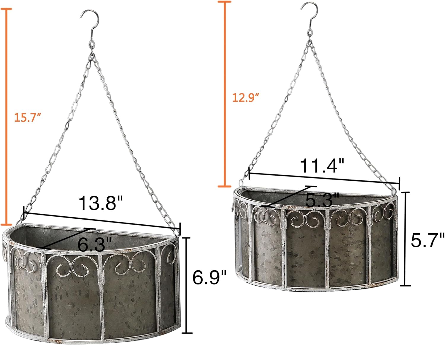 SOFE Farmhouse Galvanized Metal Hanging Planter Basket Set of 2, Unique Hanging Plant Pot Indoor Outdoor, 14 Inch/12inch Flower Pots Holder with Chain Hook, Home Garden Patio Decor