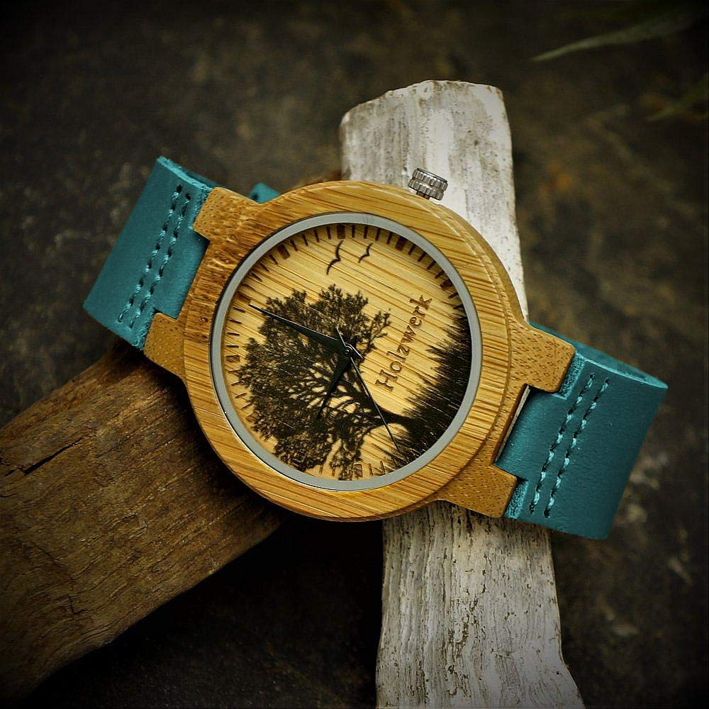 Holzwerk Germany Handgefertigte Designer Damen-Uhr Herren-Uhr Öko Natur HolzUhr Leder Armband-Uhr Save the Trees Analog Quarz Braun Blau Türkis Baum Biene Natur Motiv Limitiert