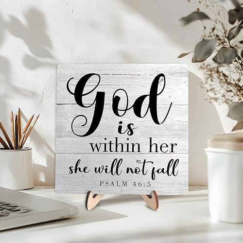 Miniatura 6 de Letrero de madera inspirador cristiano, versículo de la Biblia, Salmo 465, letrero de madera con texto en inglés "God is Within Her, She Will Not