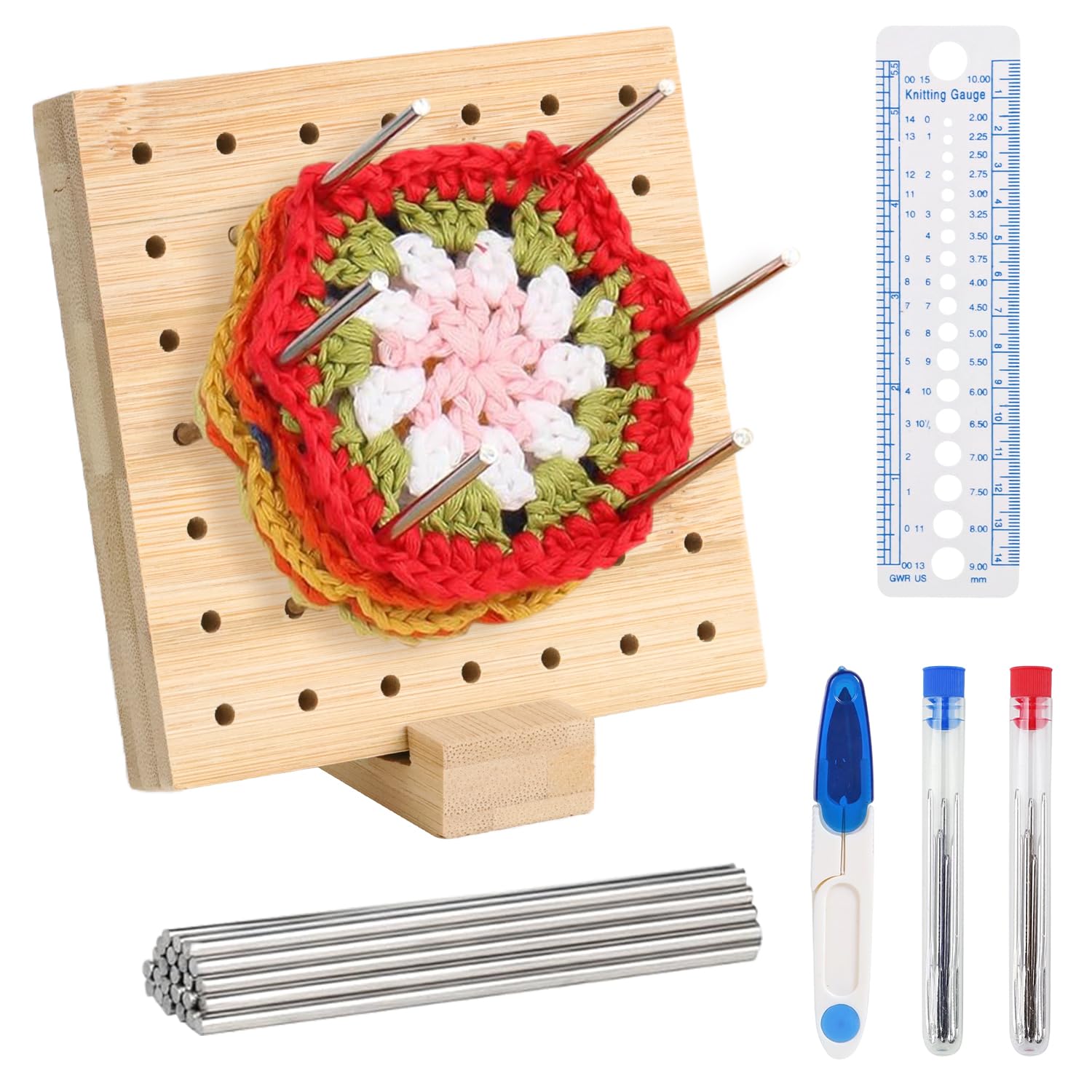 Tavola Per Blocchi All'Uncinetto In Legno - Con 20 Perni E 5 Aghi - 23,5x23,5 Cm - Per Granny Square - Foto 2