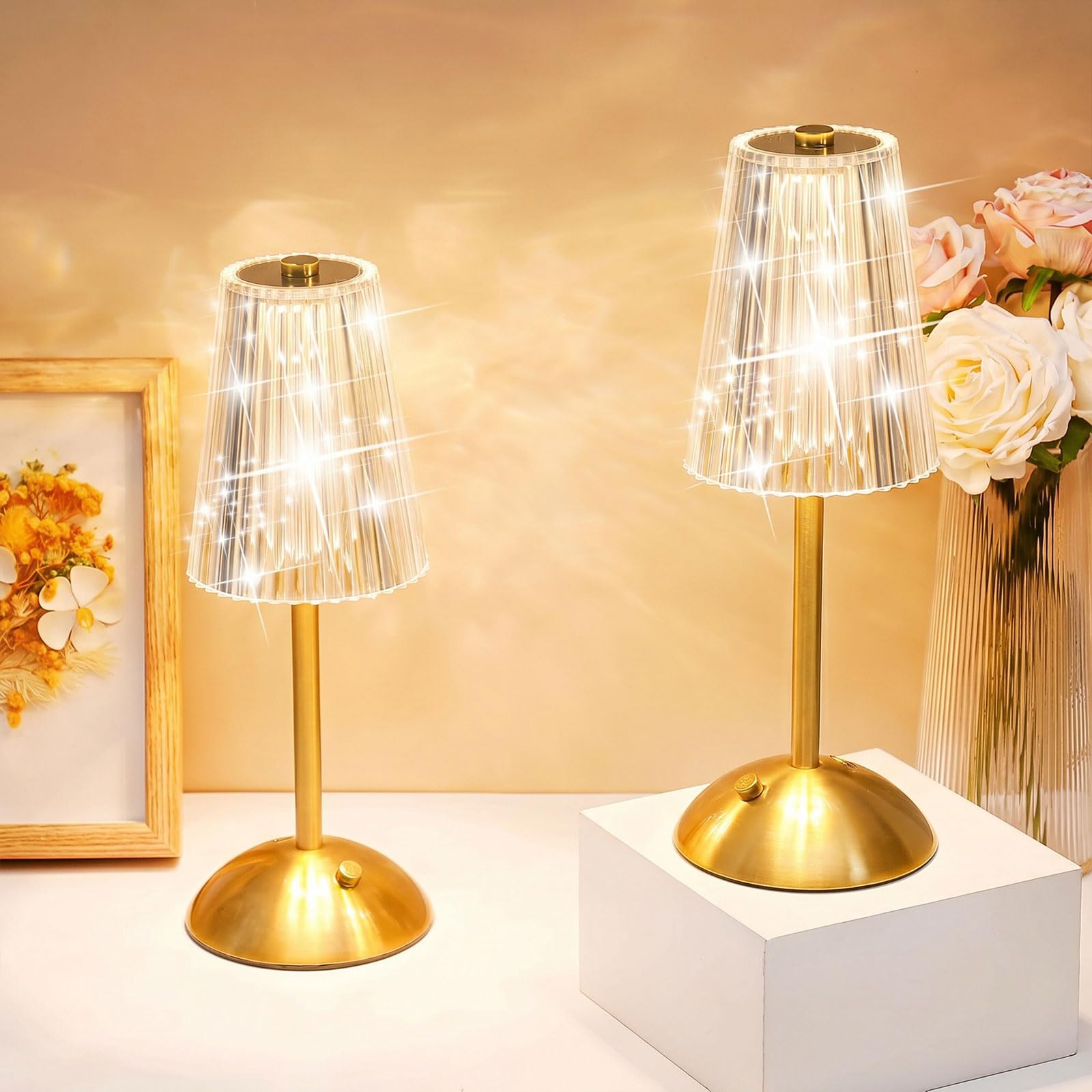 Liliful 2 Pcs Cordless Table Lamp LED Touch, Gold, Small Stripes