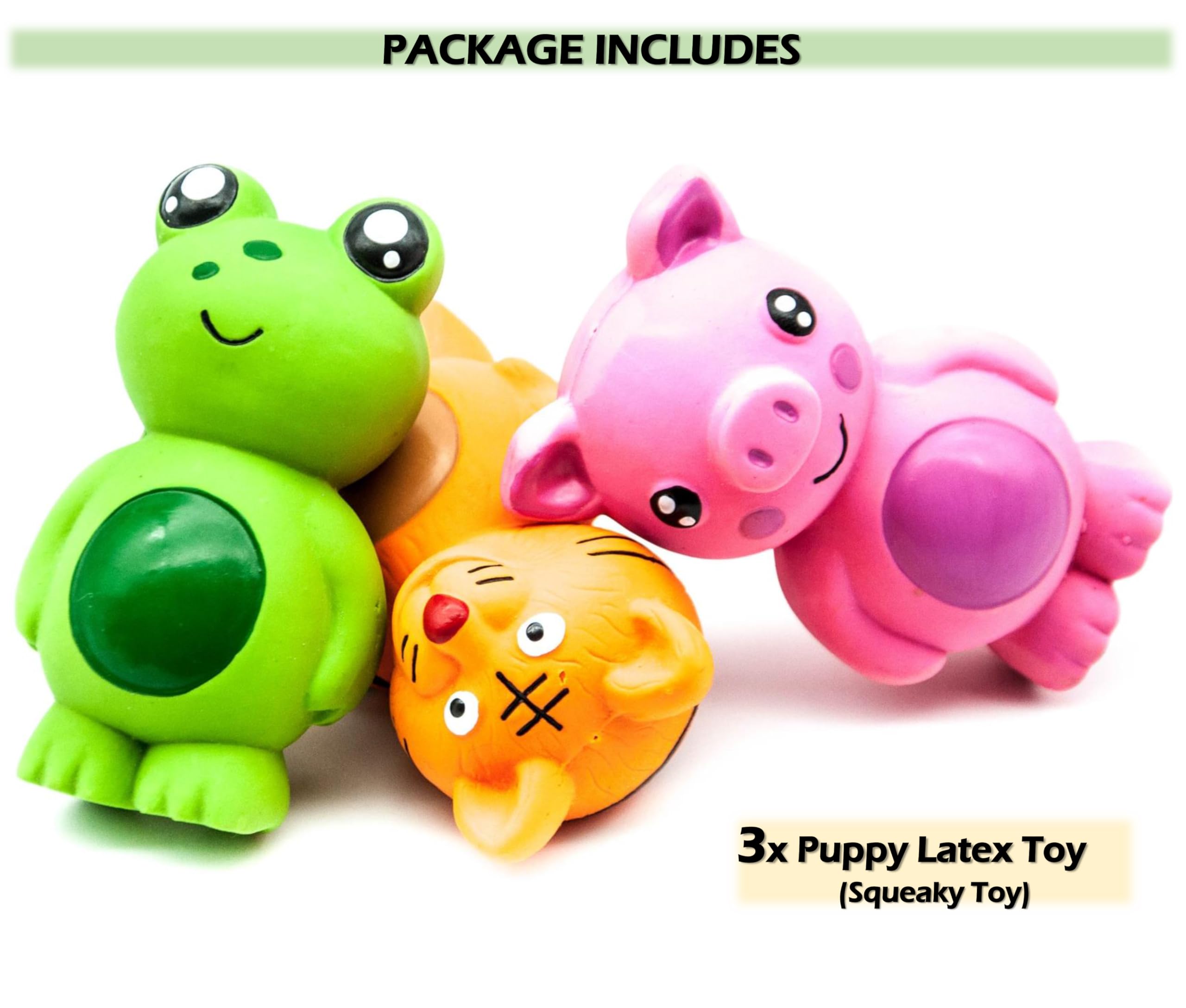 Petopedia 3x 10cm PUPPY Toys Dogs Squeaky, FROG TIGER PIG, LATEX Chew Toy Squeak, Dog Gifts & Presents, Teething, Interactive - Image 2