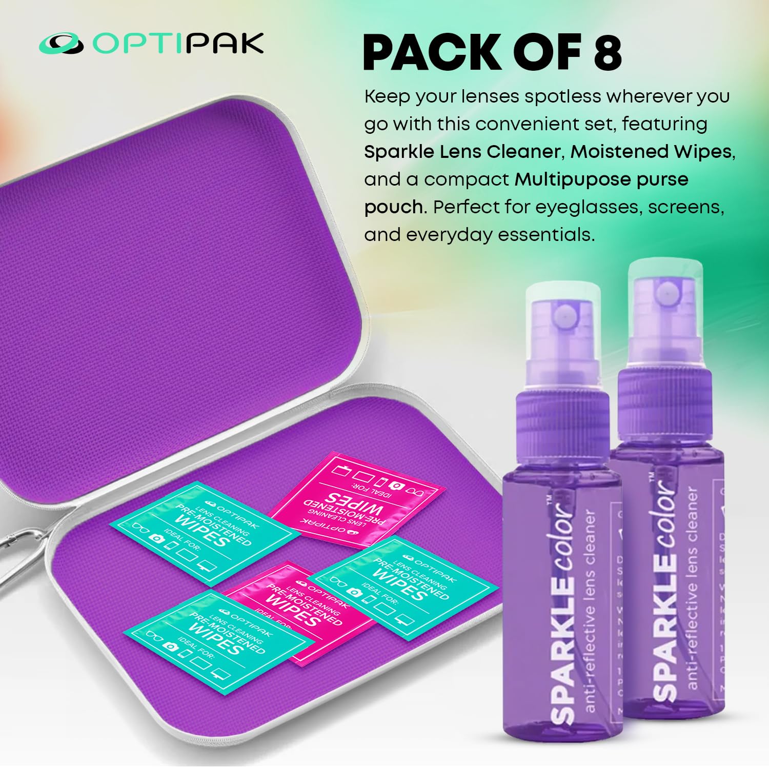 Sparkle - Kit de spray limpiador de lentes seguro antirreflectante – (2) aerosoles limpiadores de gafas de 1 onza, (5) toallitas prehumedecidas para lentes y (1) bolsa multiusos para gafas, lentes y