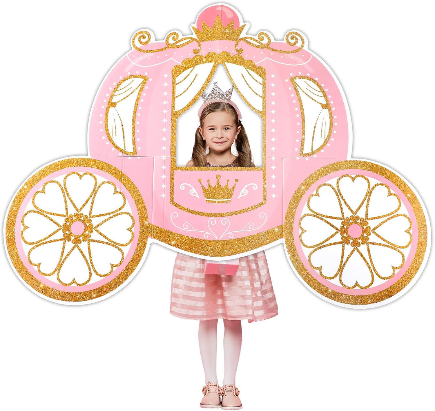 Pink Princess Carriage Cardboard Cutout Stand up Large Size Princess Photo Booth Props Carriage Photography Backdrops Pink Gold Cardboard Decorations for Girl Baby Shower Birthday Party Supplies