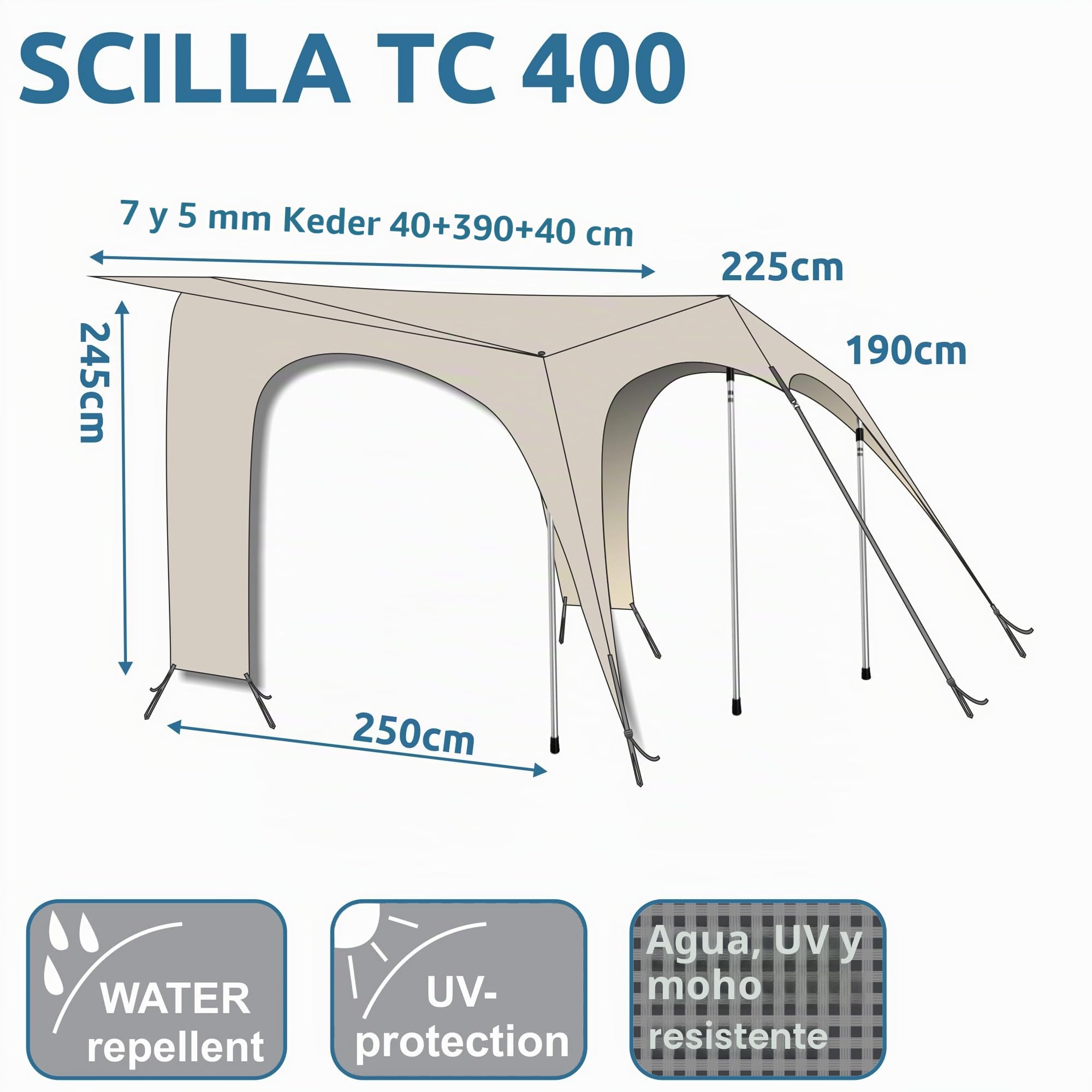 your GEAR Scilla TC Caravan Tarp 400 x 250 cm - Toldo para caravana o autocaravana de algodón, toldo impermeable con barras de aluminio, protección solar UV 50+, refuerzo de 7 y 5 mm