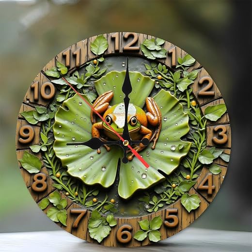 Frog Wall Clock Decorative Green Leaf Design 10 Inch Wooden Wall Clock, Silent Movement, Battery Operated (AA Frog Wall Clock Decorative Green Leaf Design10-Inch Wooden Wall Clock, Silent Movement, Battery Operated (AA Batteries Not Included), Artistic Home Decor, Perfect for Home Accents