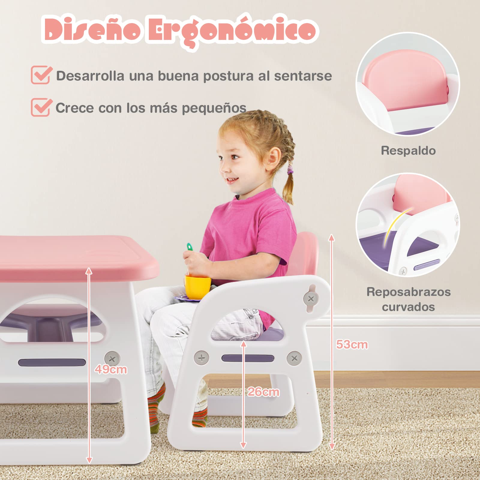 COSTWAY Juego de Mesa y Sillas para Niños, Juego de Escritorio Infantil para Leer, Dibujar, Escribir, Juego de Mesapara Interior con Estante de Almacenaje para Niños de 1 a 5 Años (Rosa y Morado)