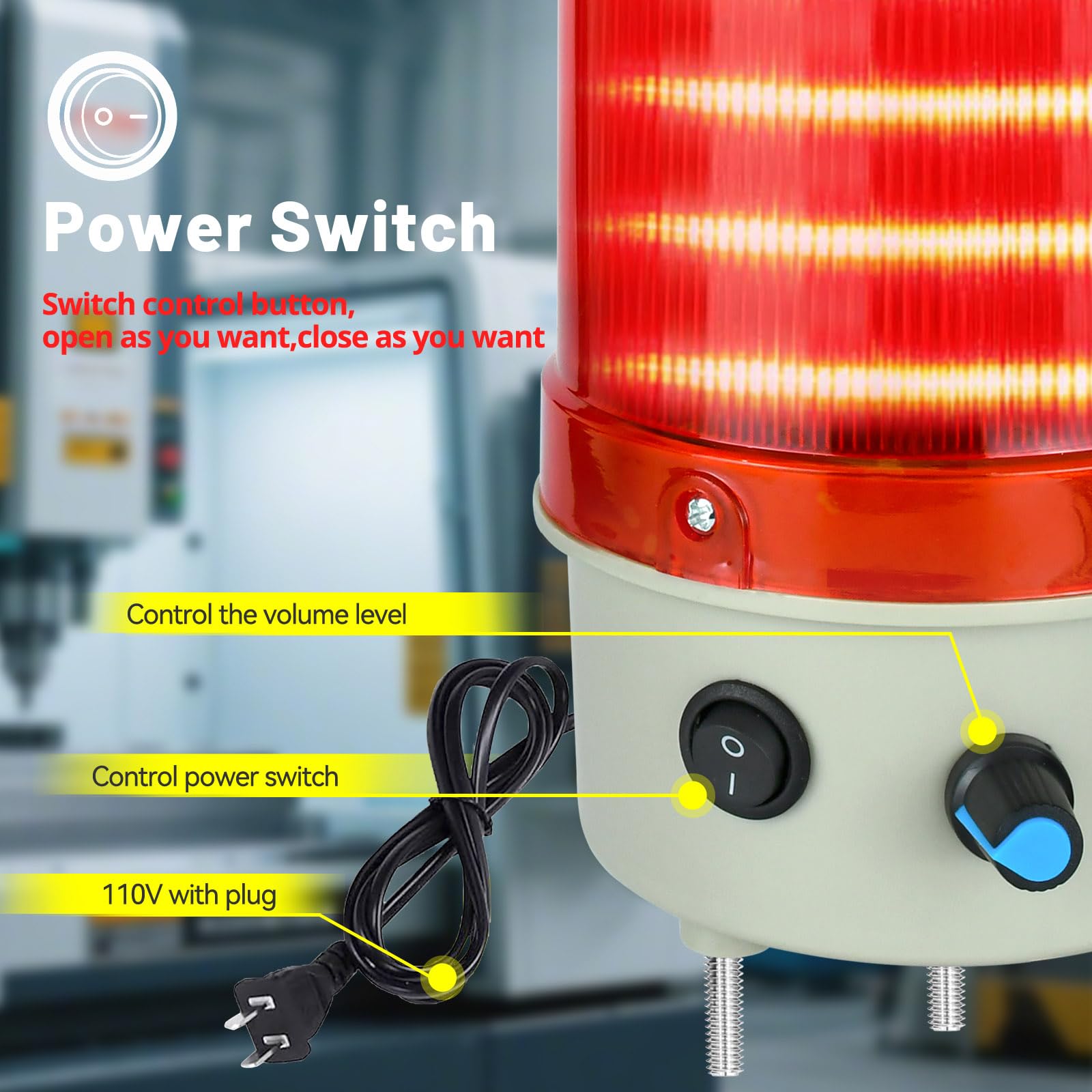 Luz de advertencia industrial de metal para torre de 110 V CA, señal de columna, lámpara indicadora de torre de béisbol, faro continuo con zumbador, rojo