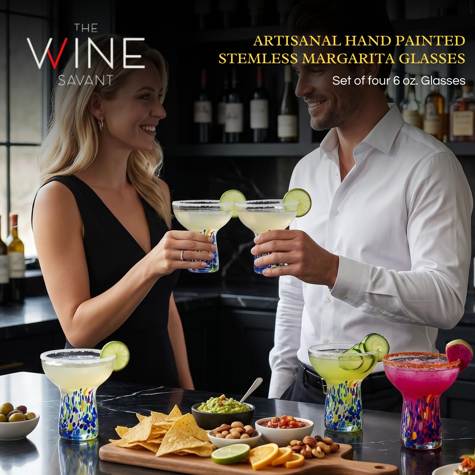 Margarita-Glas ohne Stiel – 4er Set – luxuriöses mundgeblasenes Konfetti Margaritas, für Cocktails, Wasser, Wein, Dessert, Cinco de Mayo, mundgeblasenes Glas – mexikanisches Konfetti-Design