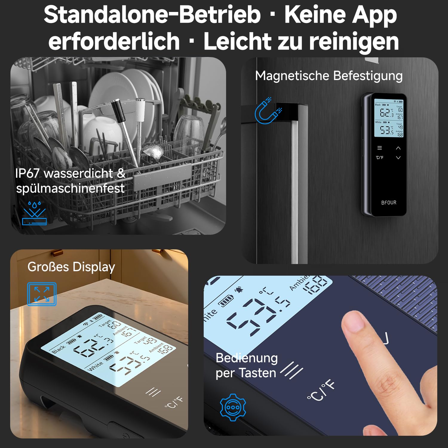 Fleischthermometer mit Standalone-Basis, Bluetooth & WLAN, 2 Sonden, WiFi unbegrenzte Reichweite, Bratenthermometer für Grill, Raucher, Backofen & Grill