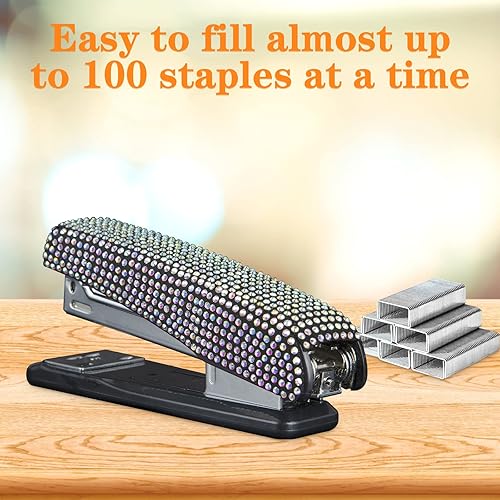 Miniatura 3 de Grapadora de escritorio de oficina con diamantes brillantes, hecha a mano, artículos de papelería de moda para oficina, escuela, hotel, hogar (color