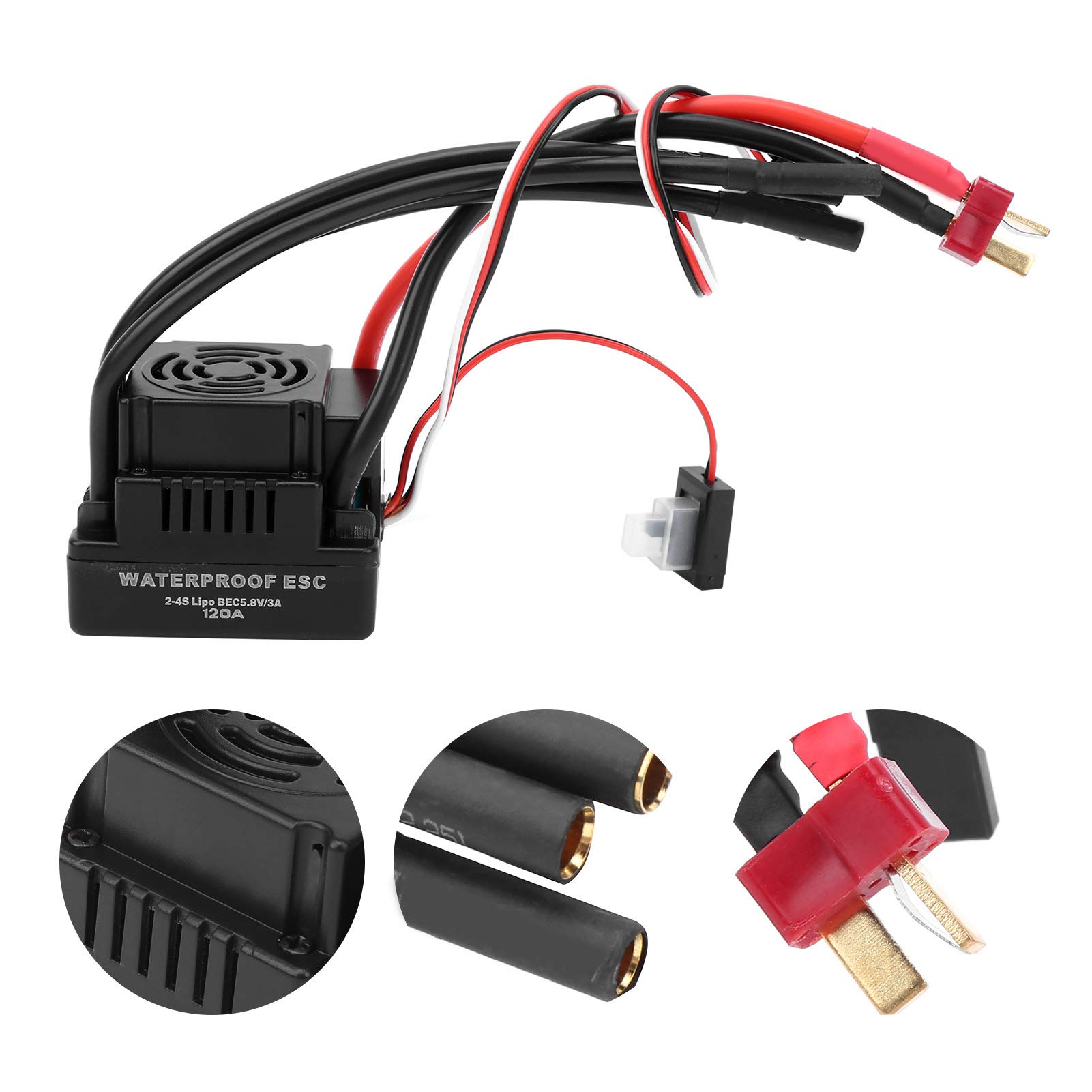 Lybunair 120 Waterproof Brushless ESC Electronic Speed Controller with T Plug Fit for 1/8 RC Car (T insert)