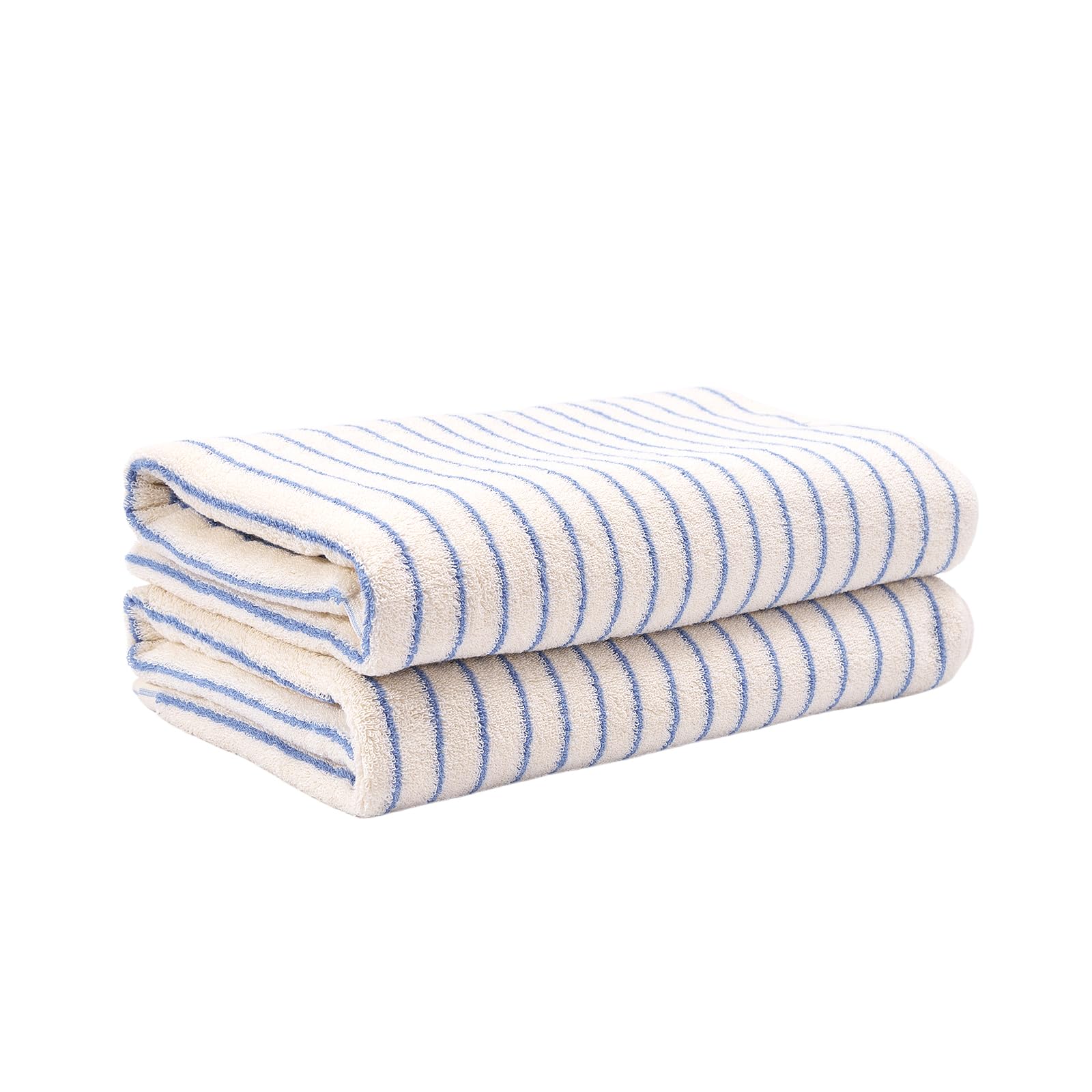 HEAVYWOOD Bath Towels Set of 2 Striped 100% Cotton Reversible, Soft & Absorbent Decorative Bath Towel for Bathroom Clearance (White/Blue Stripe, 2Pack)