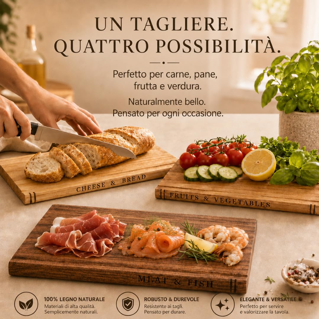 Set Taglieri da Cucina in Legno con Supporto – 3 Taglieri in Rovere, Acacia ed Ebano – Tagliere Legno Massello per Cucina con canalina – Senza Plastica, Design Salvaspazio in Stile Libreria