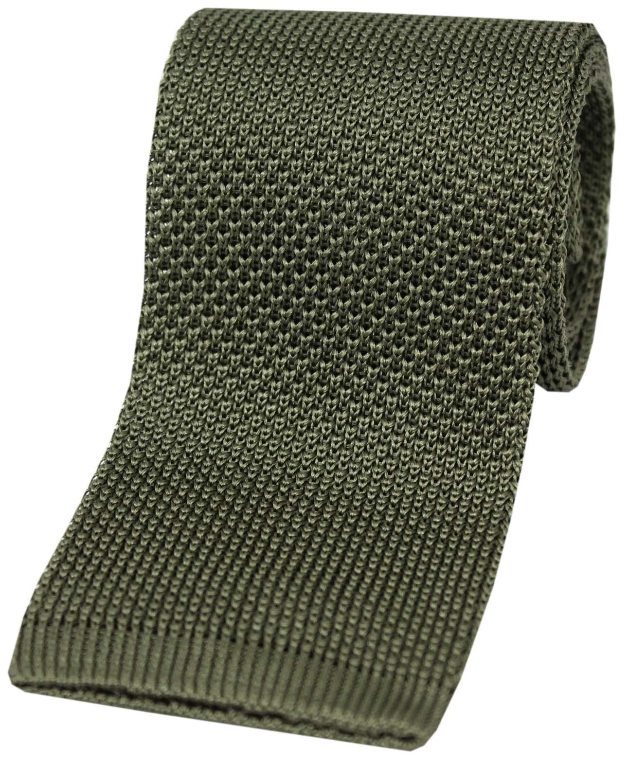 Soprano Corbata de punto de seda de oliva de corte recto para hombre, verde, Thin