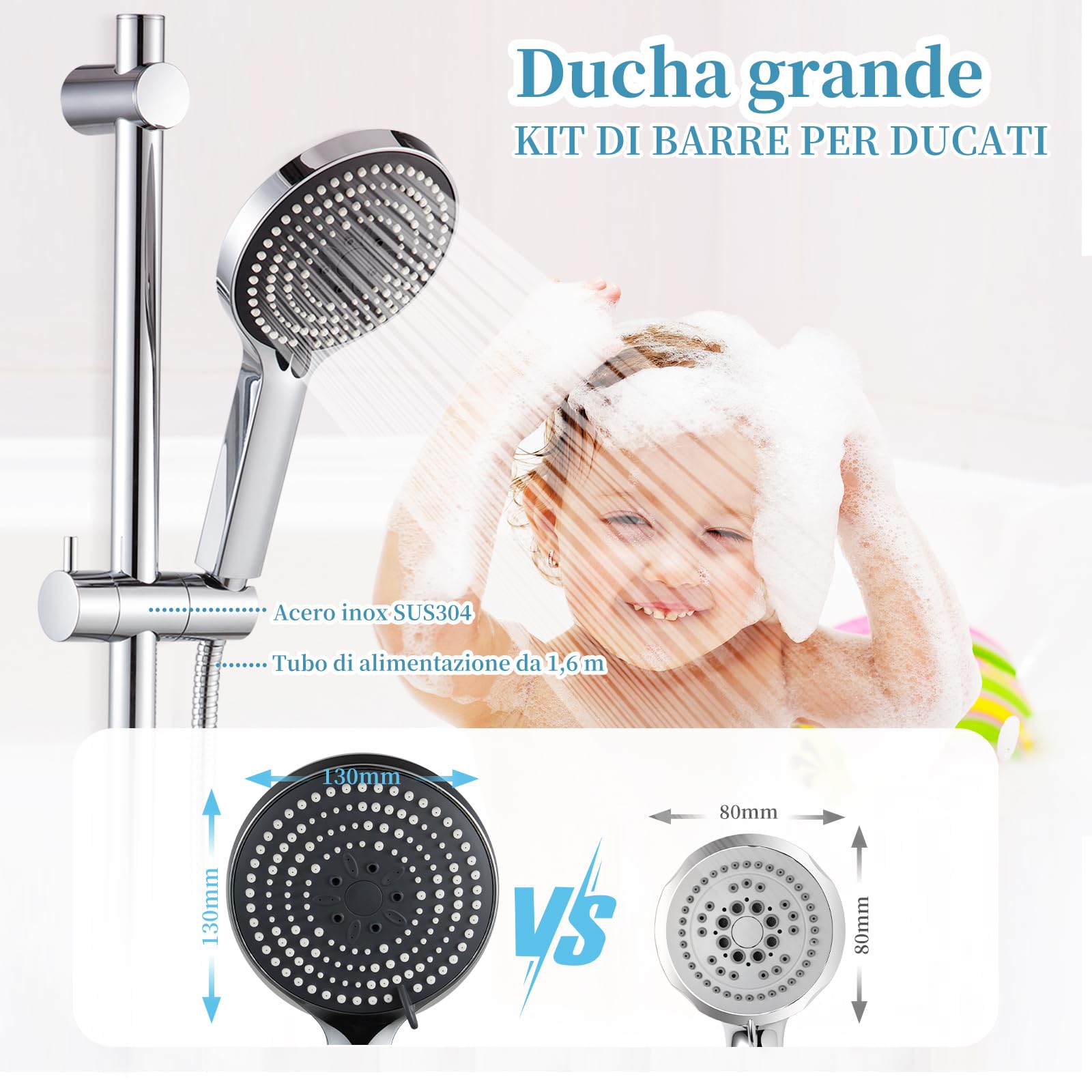 OFFO Asta per doccia con 6 tipi di getto, tubo in acciaio inox 1,6 m, tubo montante regolabile da 60 cm e doccetta cromata