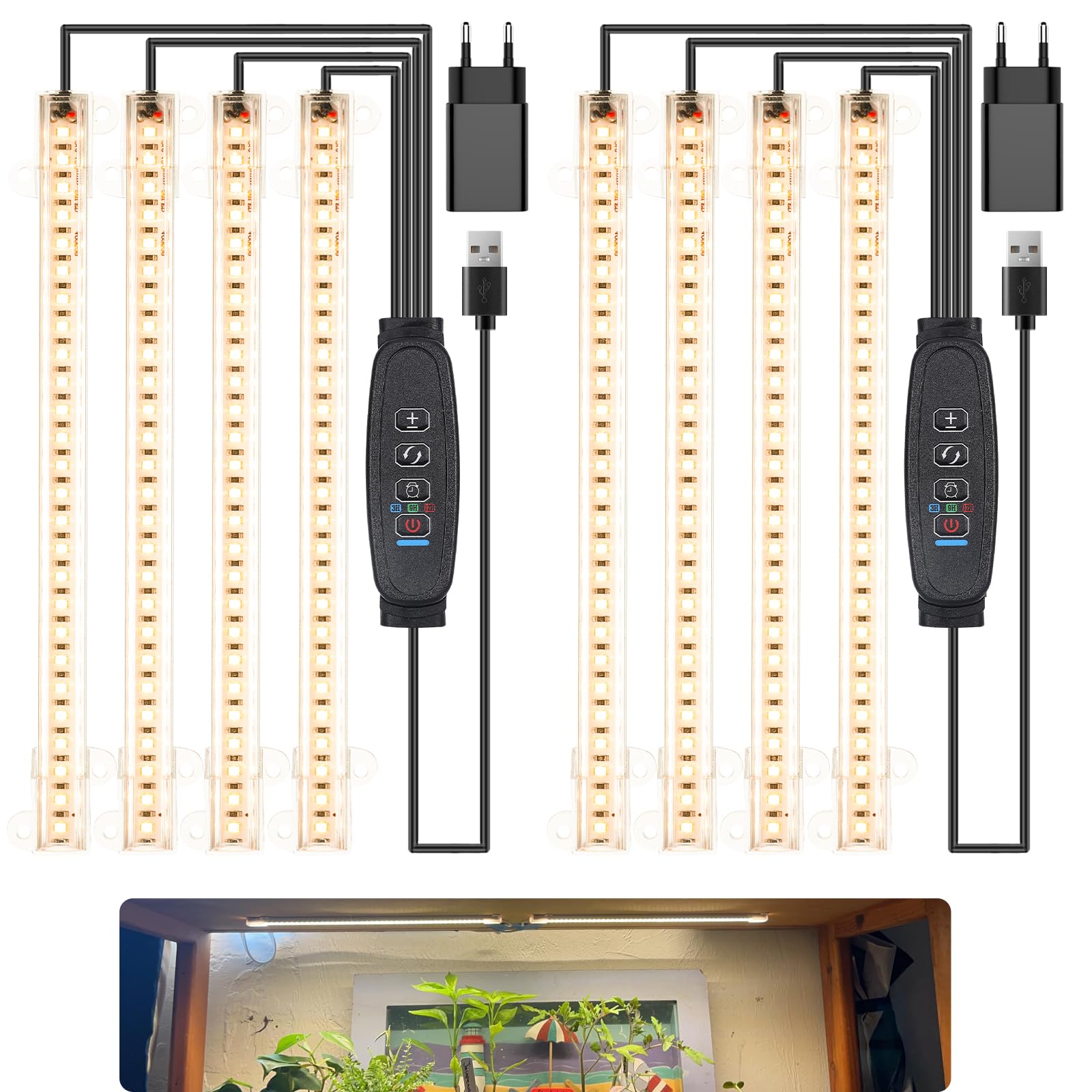 Tiras de crecimiento de plantas LED de espectro completo de 3500 K, 4 cabezales, 22 cm, temporizador de 3/9/12 horas, 10 niveles de atenuación, ideal para plantas de semillero, plantas