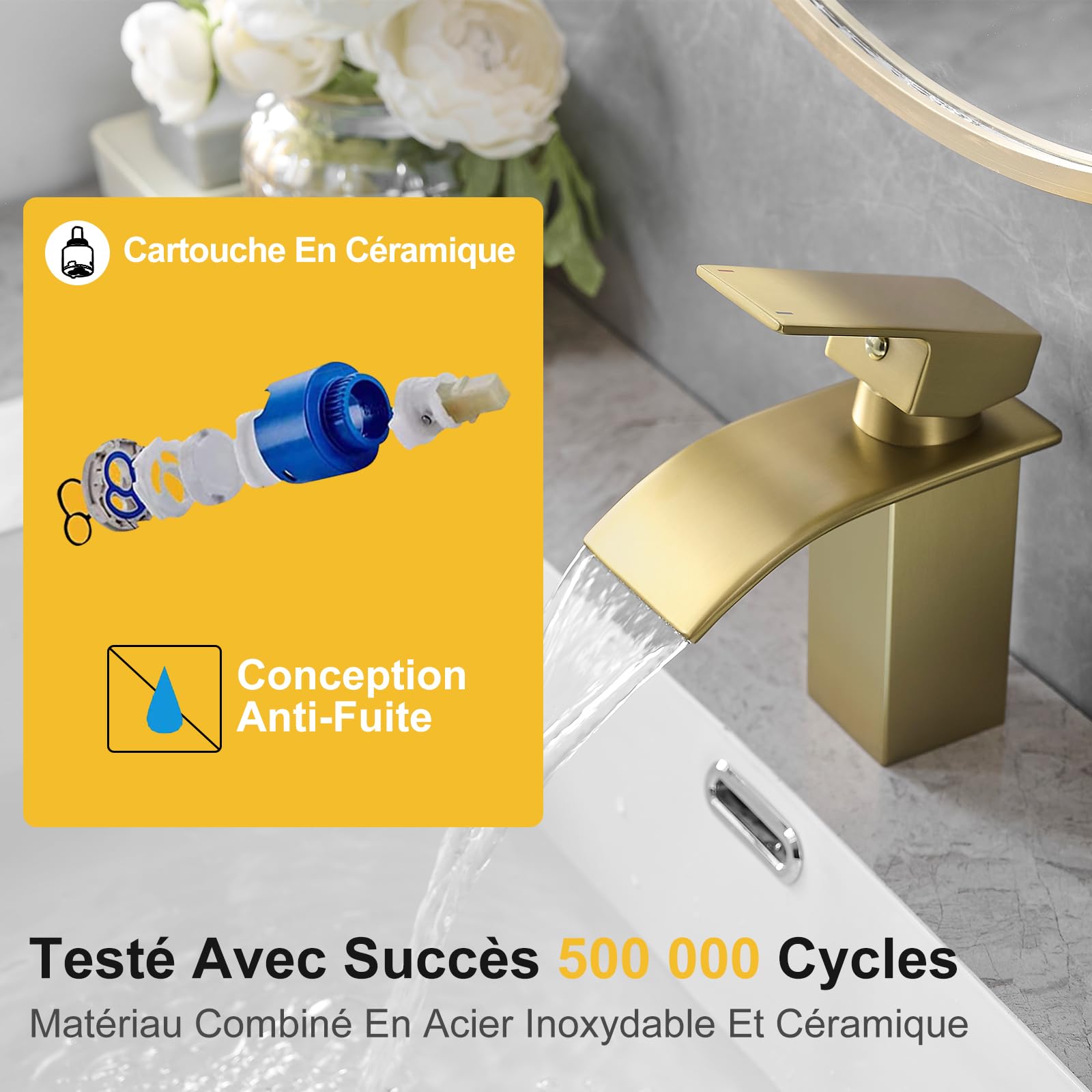 BESy Bec Cascade Robinet Salle de Bains, Mitigeur Lavabo à Une Poignée, Robinet Lavabo RV, Acier Inoxydable, Finition Dorée Brossée