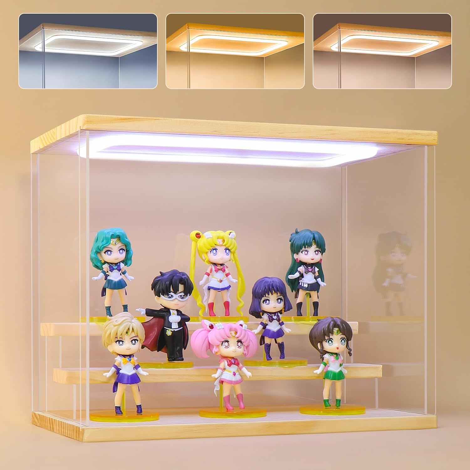 Acrylic Display Case with Adjustable LED Light, 3 Tier Display Stand Dustproof Showcase Display Case for Collectibles, for Figure Popmart Display(3 Tier-W*D*H-12.6"x7.5"x10.2"inches)