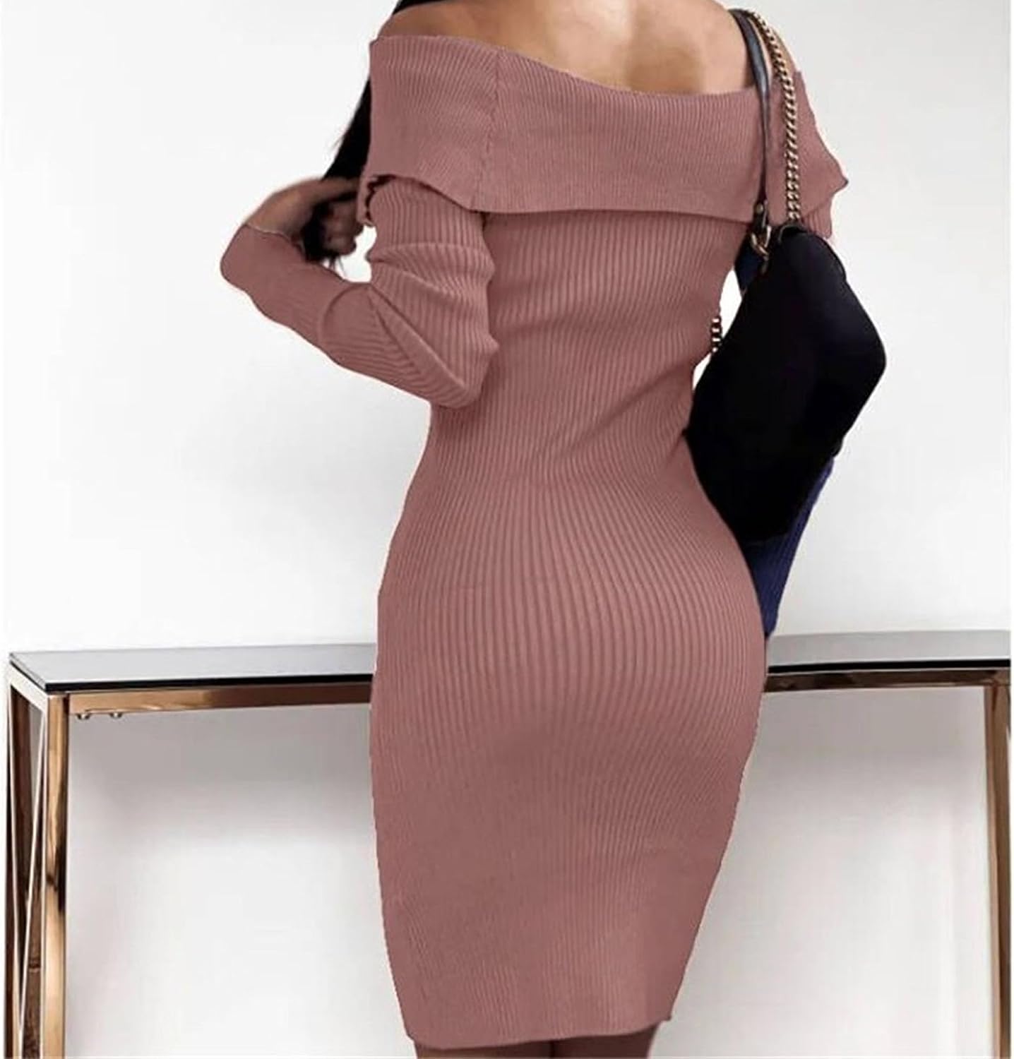 Generic Women's Long Sleeve Button V Neck Sweater Dress Off-Shoulder Ribbed Bodycon Dress Casual Fall Loose Knit Maxi Dress