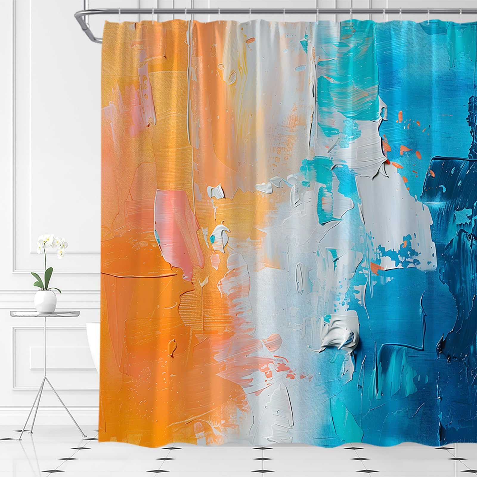 KTGHA Teal Blue Orange Shower Curtain Burnt Orange Turquoise Abstract Brushstrokes Oil Painting Modern Grunge Art Polyester Fabric Bathroom Decor Set