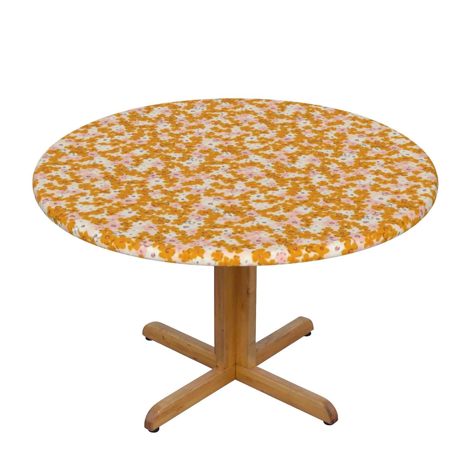 Lsjuee Round Fitted Tablecloth 40-44in Elastic Edged Table Cloth for Kitchen Dining Party Home Decor - Bright Flower Yellow Pink