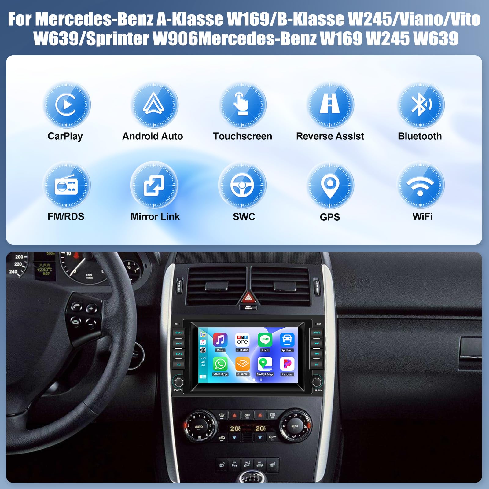 2G+64G Android 13 Autoradio Mit Bildschirm 7 Zoll für Mercedes-Benz A-Klasse W169/B-Klasse W245/Viano/Vito W639/Sprinter W906 Doppel Din Radio Carplay Android Auto mit WiFi/GPS/Bluetooth/FM RDS/EQ/SWC