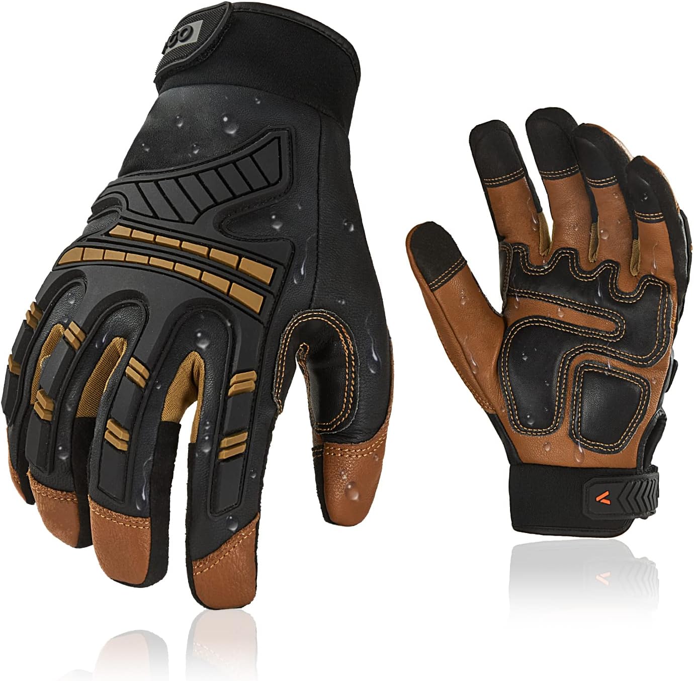 Vgo... 1-Pair High Dexterity Water Repellent Goat Leather Heavy Duty Mechanic Glove,Rigger Glove,Anti-Vibration,Anti-Abrasion,Touchscreen (Size M,Brown,GA8954)