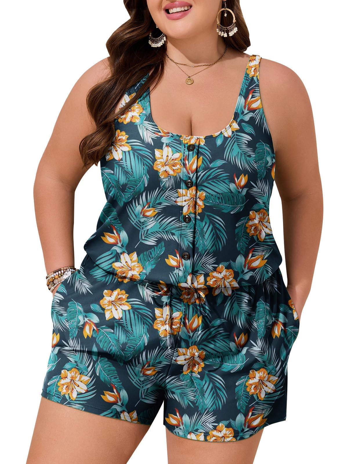 Summer Mae Plus Size Swim Romper One Piece Swimsuit Women Blouson Bathing Suit with Pockets 2026 Modest Swimwear Yellow Flowers Green Leaves 14 Plus