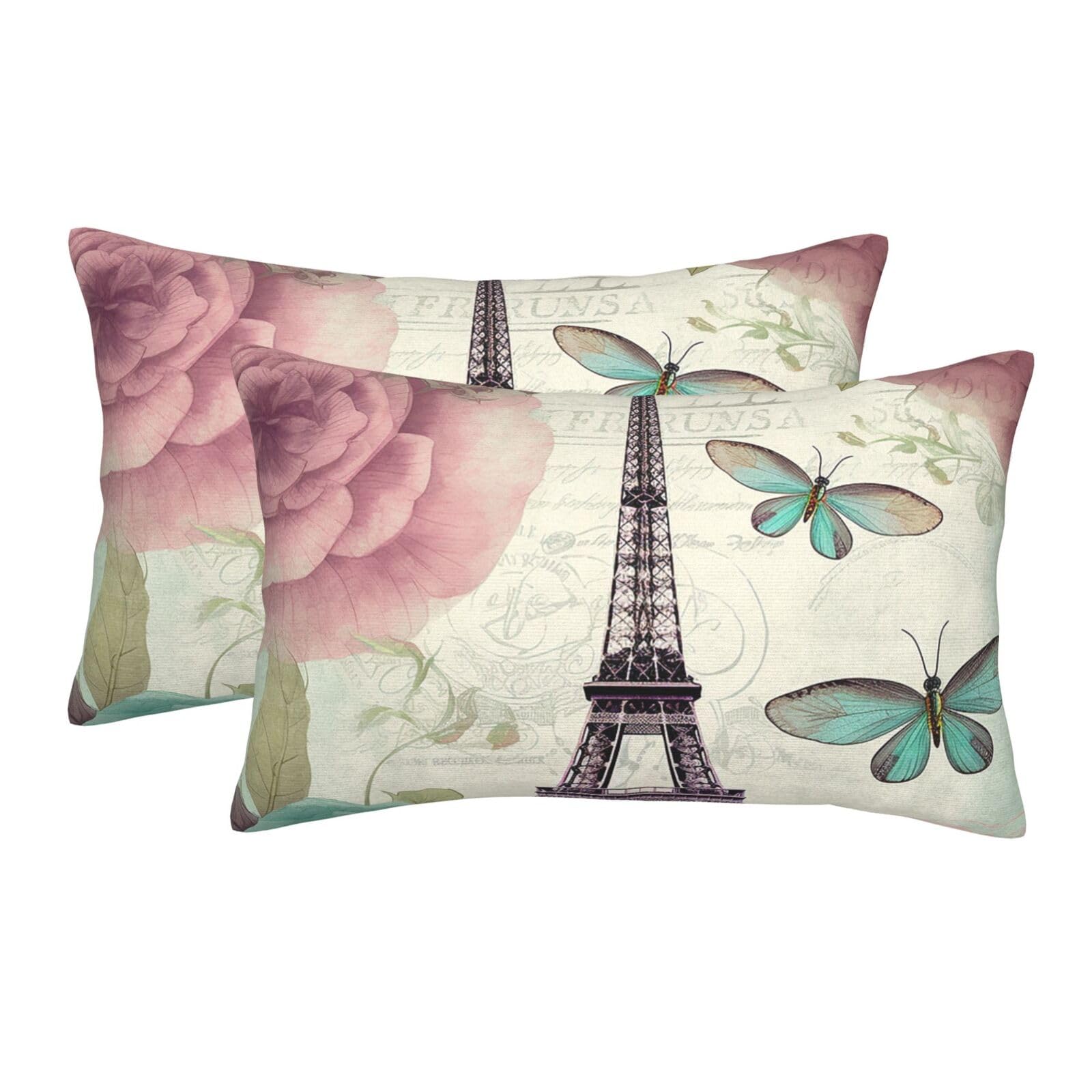 2 Pack Standard Size Pillow Cases for Hair and Skin Soft Breathable Pillow Case Covers with Hidden Zipper Retro Dragonfly French Tower Pillowcase 14"x20" Pillow Cover for Sleeping Gift