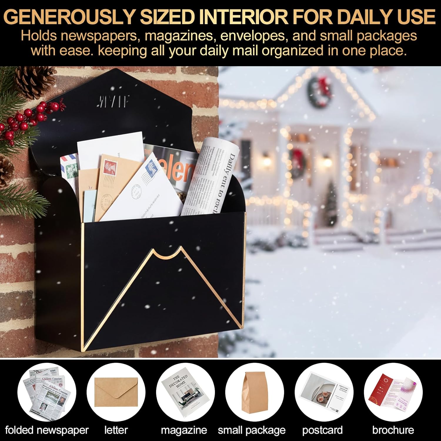 Kathfly Wall Mount Mailbox Waterproof Rustproof Metal Mail Holder 12.6" W x 4.7" D x 10.2" H Large Wall Mounted Gold Trim Mail Envelope Post Box for Outside House Office Porch Outdoor Use(Black)